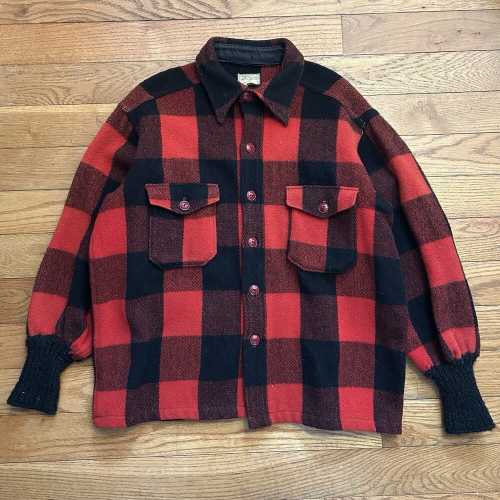 Vintage 50s 60s Ll Bean Red Buffalo Plaid 100% Wool Shirt Jacket XL